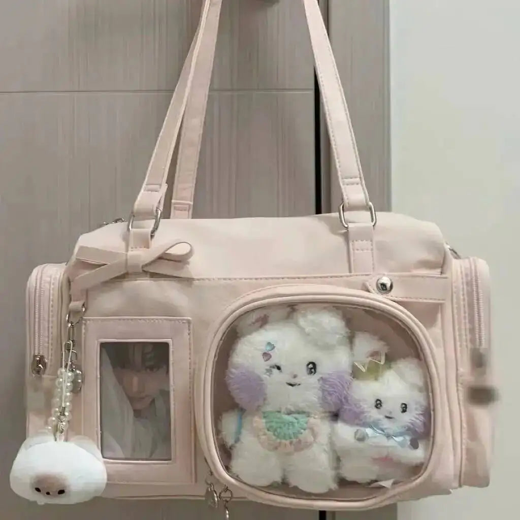Y2K New Bow Ita Shoulder Bags Sweet Girl Transparent Bag Large Capacity Comic Exhibition Crossbody Bag Cute DIY Display Handbags
