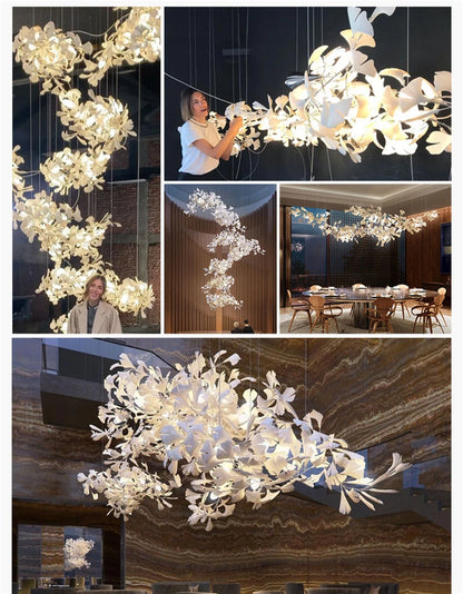 Ginkgo Leaves Loft Hanging Chandelier Light For High Ceiling Staircase Living Dining Room Modern White Porcelain Leaf Chandelier