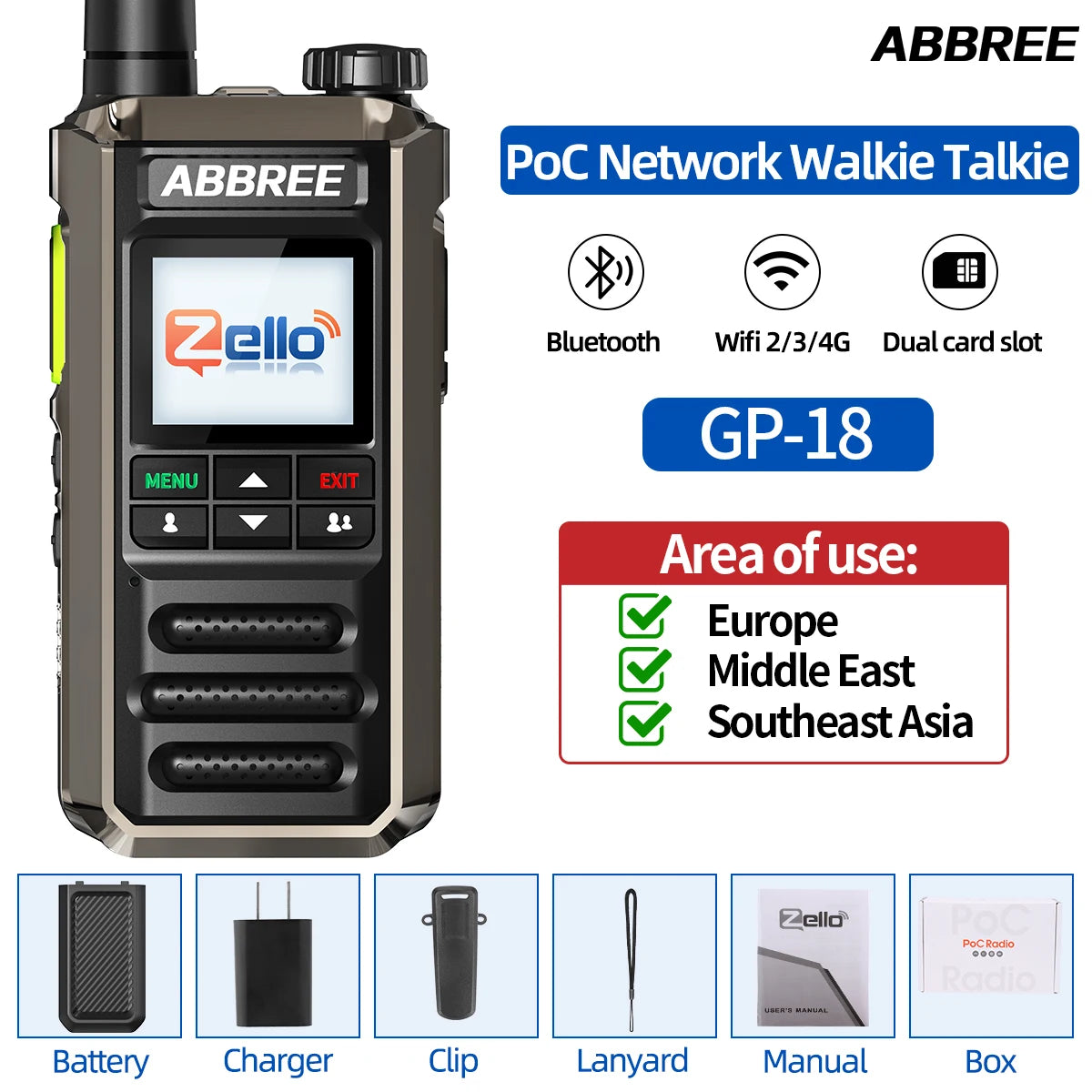 ABBREE GP-18 Zello PoC Radio Global Unlimited Distance Dual SIM Card Slots Android Bluetooth Flashlight WIFI 3G/4G Network Radio