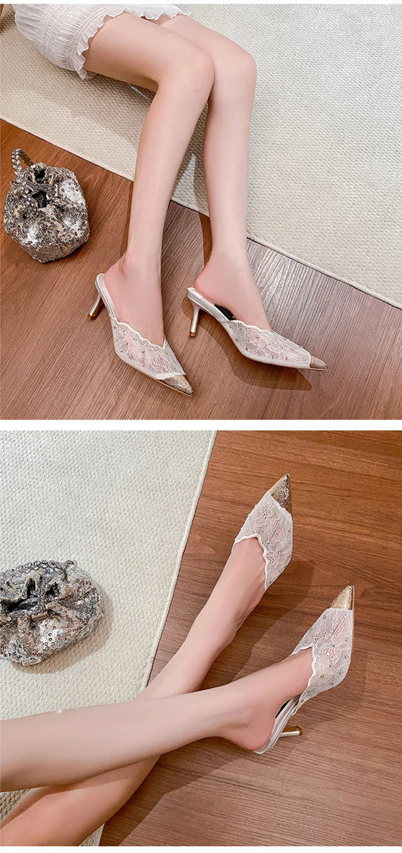 Luxury Rhinestones Mesh Lace Women Pumps Sandals Summer Elegant Pointed Toe 8cm Thin High Heels Mulse Sides  Fashion Party Shoes