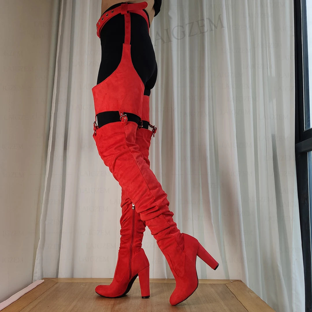 LAIGZEM Women Thigh High Chap Boots Round Toe Side Zip Faux Suede Waist Belted Thick Heels Boots Shoes Woman Big Size 39 45 52