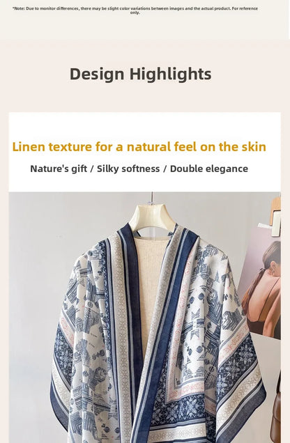Sun Protection Silk Scarf Women's Retro Ethnic Style Cotton Linen Beach Holiday Wrap Shawl Outerwear Geometric Print Korean S...