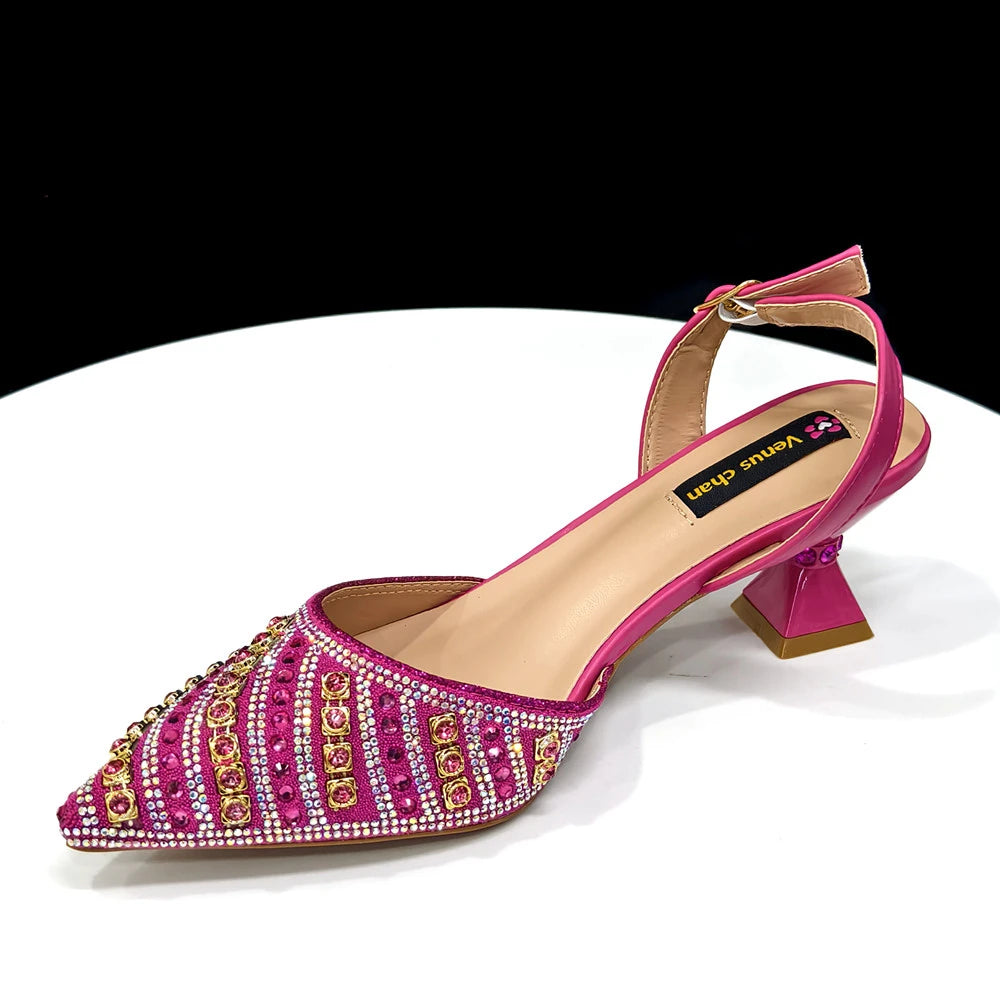 2025 Shiny Italian Fashion Pointed Toe Women Heel Fashion Rhinestone Decoration Fuchsia Color Shoes And Bag Set