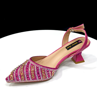 2025 Shiny Italian Fashion Pointed Toe Women Heel Fashion Rhinestone Decoration Fuchsia Color Shoes And Bag Set