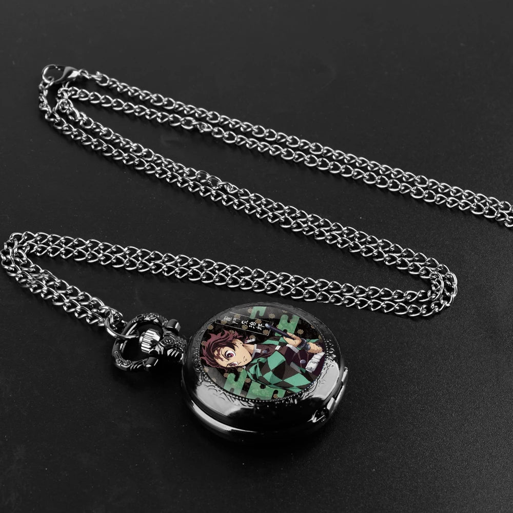Kamado Tanjirou Design Glass Dome Quartz Pocket Watch With Durable Chain Arabic Numeral Dial For Men And Women Creative Gifts