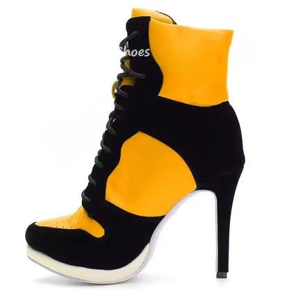 Round Toe Sports Lace Up Women's Short Boots 2026 Thick Sole Mixed Color Stilettos Autumn Winter New Street Style Casual Rock Bo