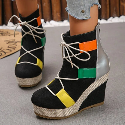 Women's Ankle Boots Wedge Heel Round Toe Platform Shoes Suede-Look Lace-Up Back Zipper Woven Trim Casual Street Style Footwear