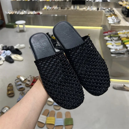 2026 Summer New Woven Flat Sandals Brathable Cover toe Slippers for Casual Outwear Women Hollow-out Casual Knitting Slides