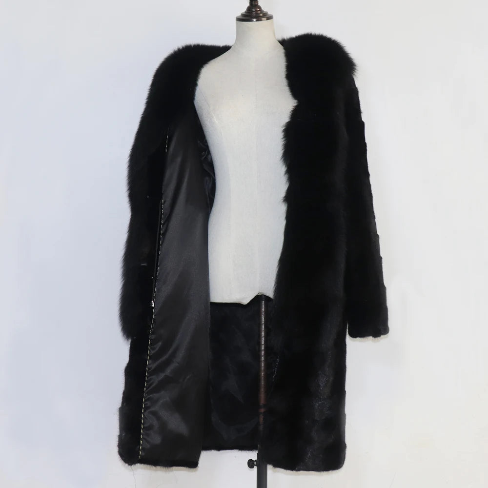 Winter Real Mink Fur Coat With Fox Fur Collar For Women Long Style 100% Genuine Mink Fur Jacket Thick Warm Natural Mink Fur Coat