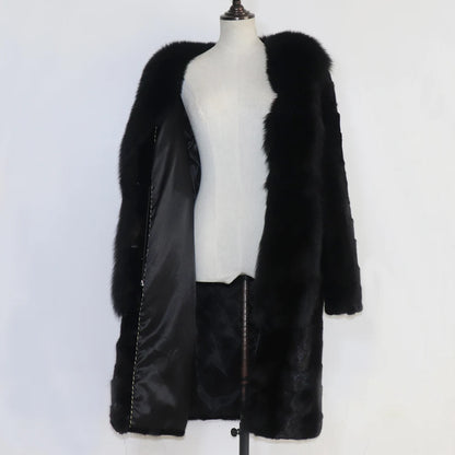 Winter Real Mink Fur Coat With Fox Fur Collar For Women Long Style 100% Genuine Mink Fur Jacket Thick Warm Natural Mink Fur Coat