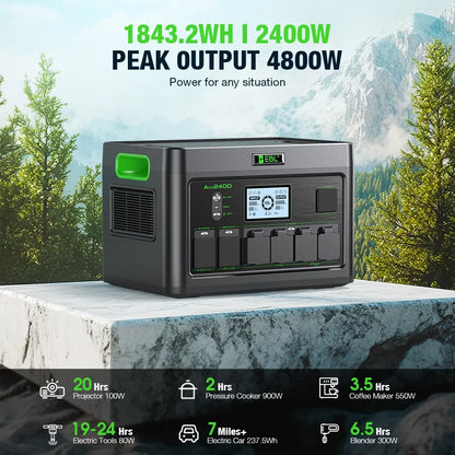 EBL Portable Power Station 2400W (Peak 4800W), 1843.2Wh LiFePO4 Solar Generator for Home Backup, RV & Camping, Fast 1.6H Recharge, 12 Output Ports with 4×120V Pure Sine Wave AC Outlets