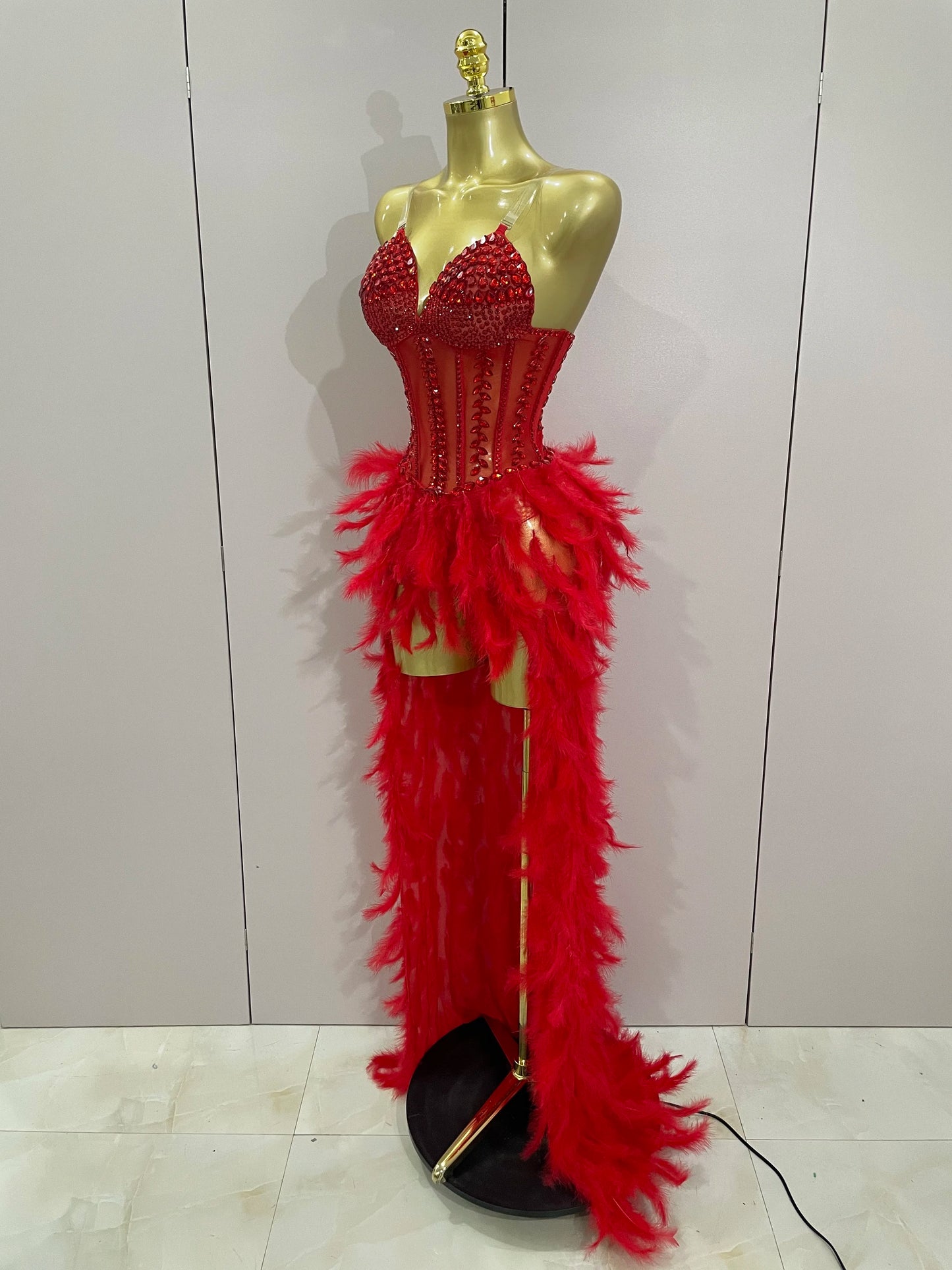 Sparkly Rhinestones Feathers Long Tail Bodysuits Sexy Mesh Transparent Stage Dress Evening Party Celebrate Luxury Birthday Dress
