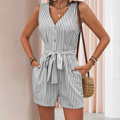 Women Rompers Solid Jumpsuits Striped Lace-Up Button V Neck Sleeveless Waist Mini Length Pants Shorts Casual One-piece Playsuit