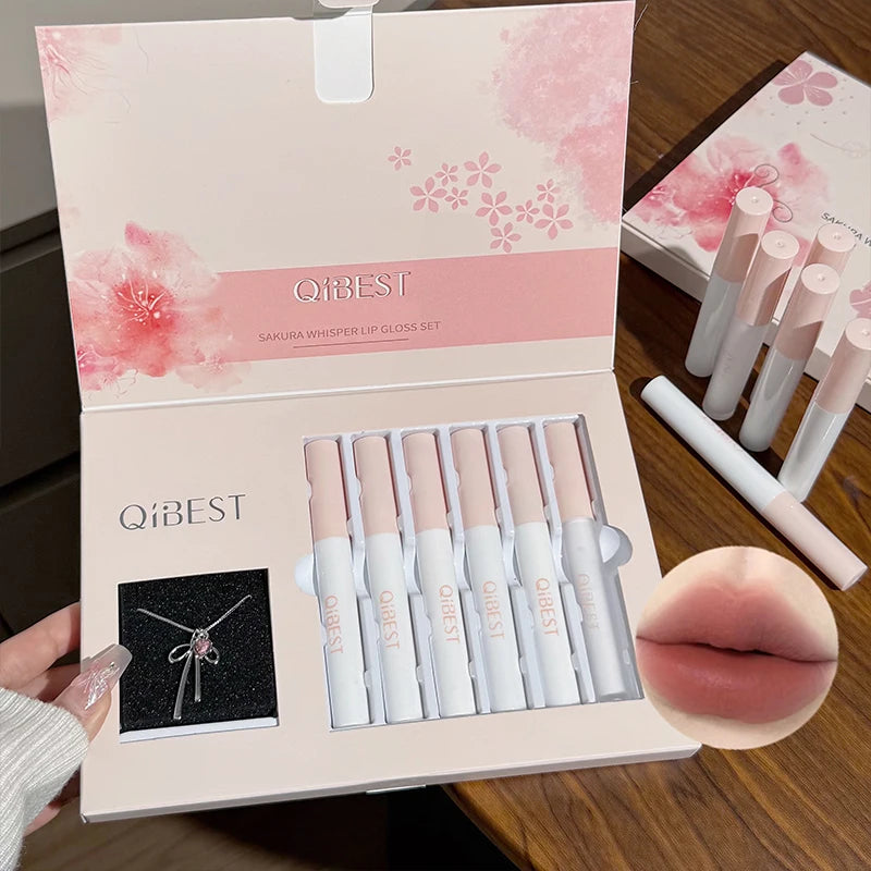 QIBEST 6Pcs/Box Matte Lipstick Sets And Mirror Watery Lip Glaze Lasting Lip Makeup Sets Moisturizing Lipgloss Necklace Gift