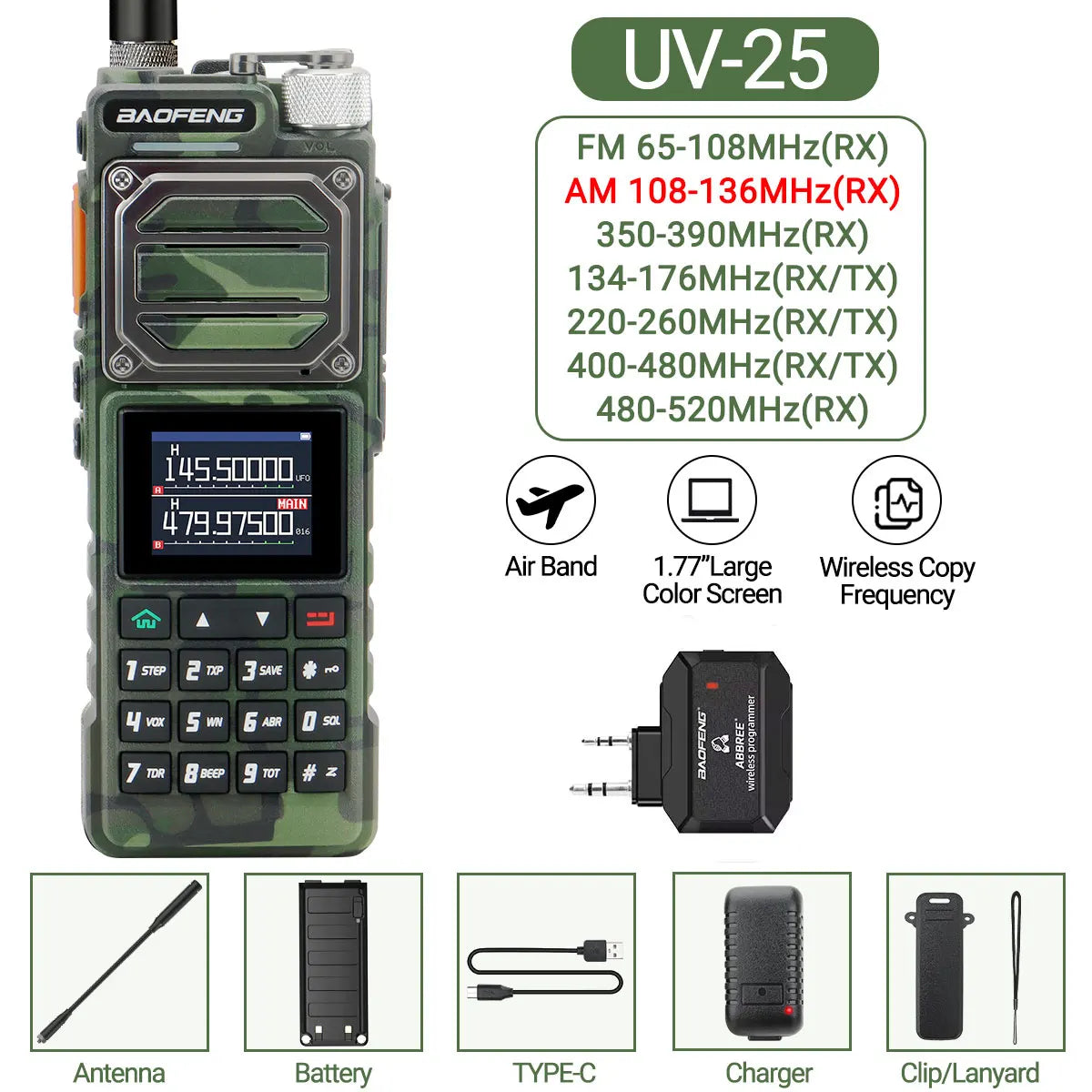 Baofeng UV-25 Air Band Walkie TalkieS Long Range UHF VHF  Wireless Copy Frequency  NOAA Type-C Charge AM Ham Two Way Radio UV-21