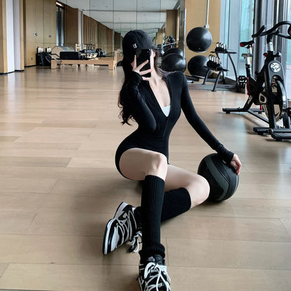 Womens Playsuits Yoga Slim Fit Short Jumpsuits Stretch One Piece Long Sleeve Sexy Female Running Romper Zipper Home Clothes