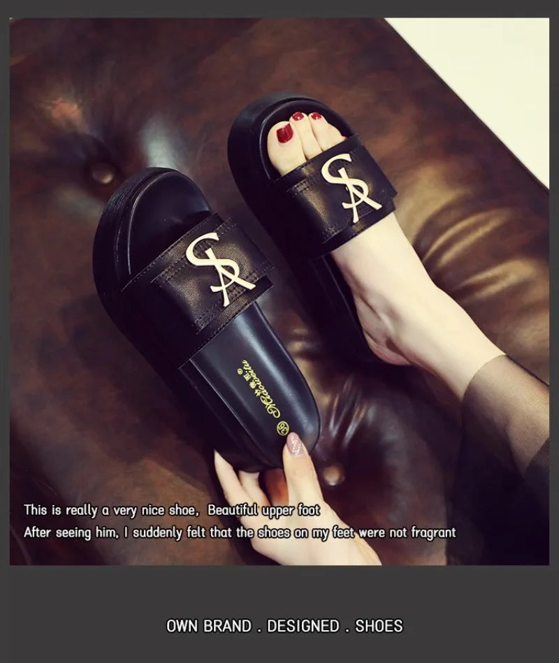 2025 Summer New Women's Fashion Letter Designer Sandals Casual Thick Bottom Round Toe Leather Beach Shoes Женские Сандалии
