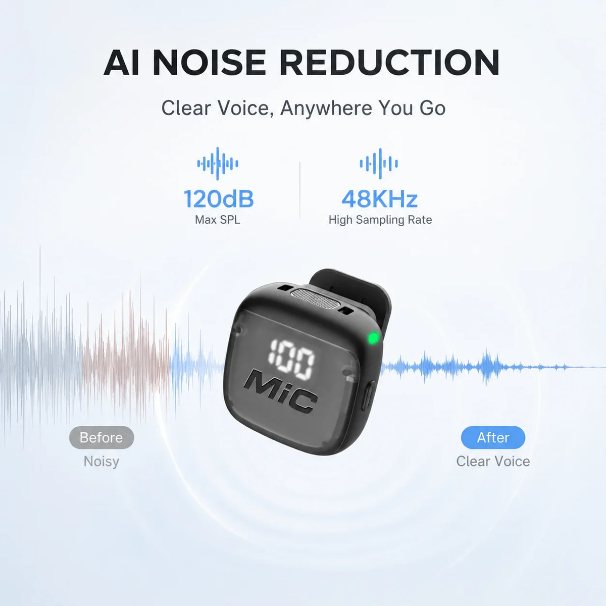 Mini Wireless Clip-On Microphone, Smart Noise Reduction, Long Battery Life, Perfect for Live Streaming, Podcasts, and Vlogs.