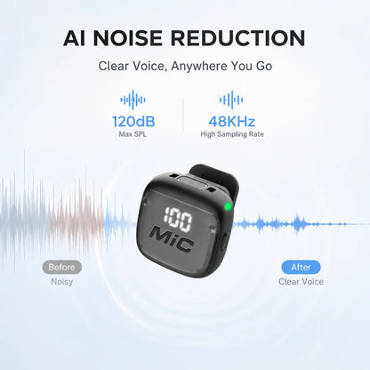 Mini Wireless Clip-On Microphone, Smart Noise Reduction, Long Battery Life, Perfect for Live Streaming, Podcasts, and Vlogs.