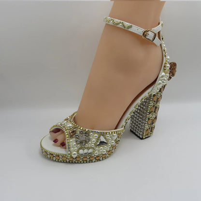 Luxury cyrstal wedding shoes with matching bags woman fashion Thick heel Women party dress shoes Fish beak Women shoes
