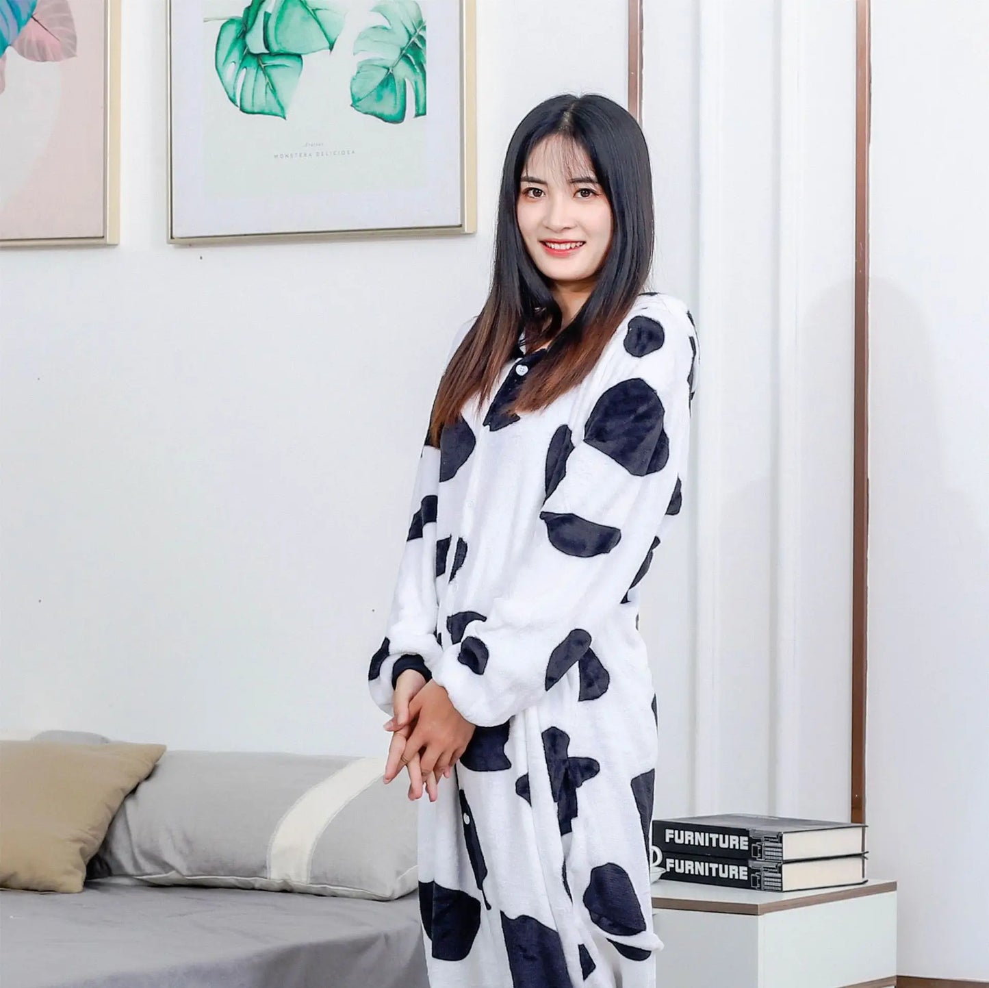Adults Cow Cartoon Pajamas Animal Onesies Cosplay Costumes Jumpsuit Hooded Sleepwear Halloween One Piece for Performing