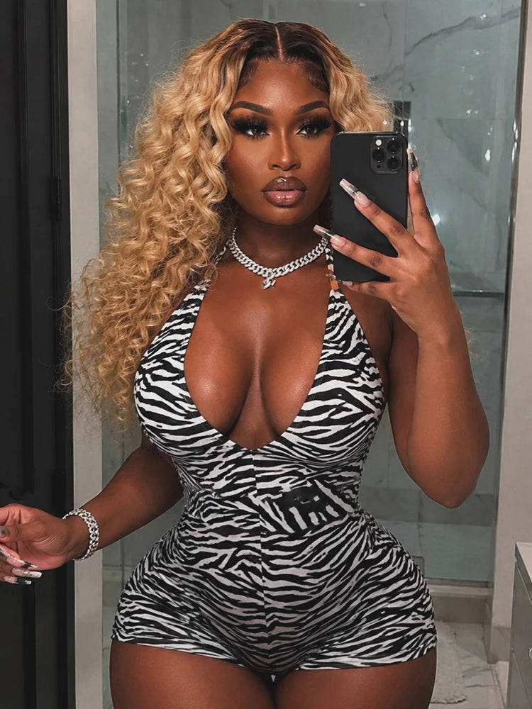 Weird Puss Sexy Fashion Playsuits Woman Zebra Stripes Lace-Up Halter Backless Shape Waist Skinny Peach Hip Wild Style Rompers