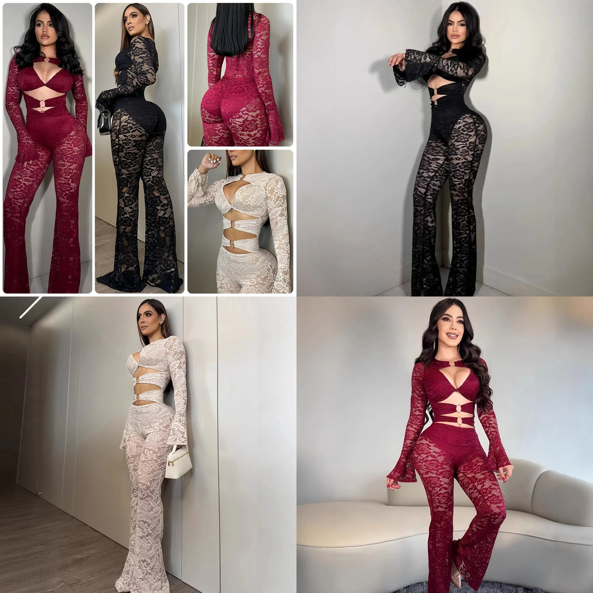 Sexy Deep V Ring Buckle Strap Flared Sleeve Bodycon Jumpsuits for Party Evening Dress