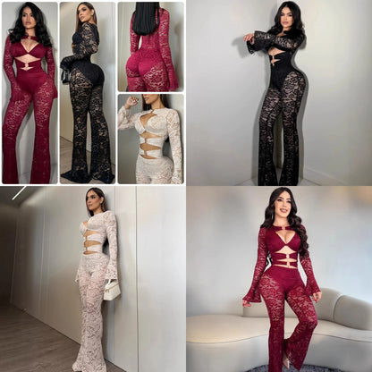 Sexy Deep V Ring Buckle Strap Flared Sleeve Bodycon Jumpsuits for Party Evening Dress