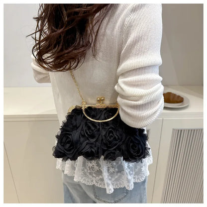 Luxury Women Chain Shoulder Bag Chiffon 3D Flower Banquet Bag Fashion Evening Bags Fashion Clutch Handbag Trendy Crossbody Bag