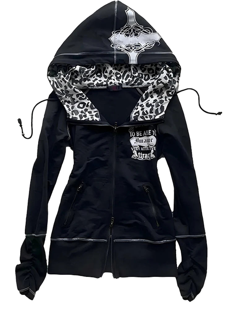 Women's Hooded Cardigan Sweatshirt Y2K Street Fashion Harajuku Hot Girl American Retro Hip Hop Rock Jacket 2000s Aesthetic