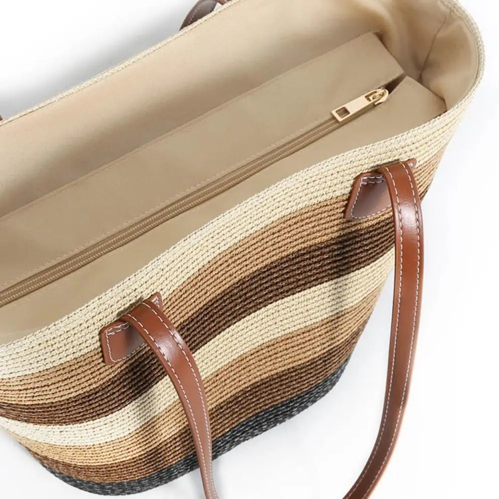 Fashion Straw Tote Bag Stripe Large Capacity Woven Shoulder Bag Square Zipper Woven Hat Vacation Top-Handle Bags