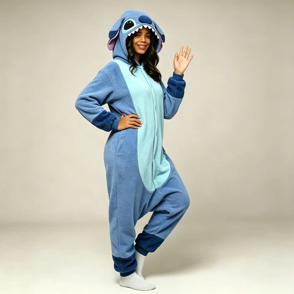 Soft Polar Fleece Stitch Hooded One Piece Pajamas Unisex Button Closure Long Sleeve Loose Onesie Nightwear Indoor Loungewears