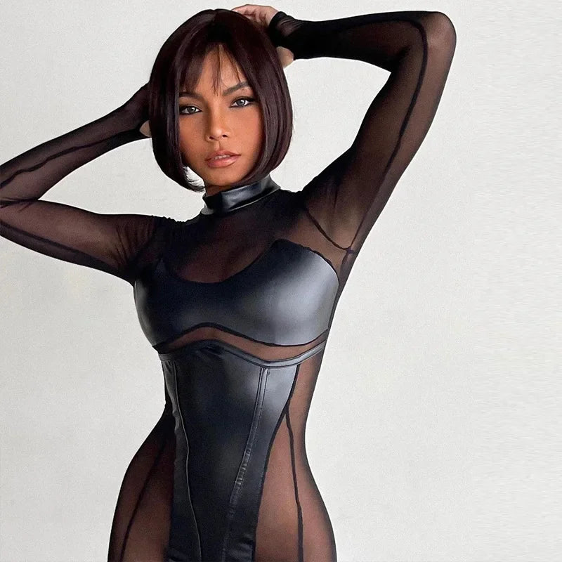 Black Mesh Sheer Bodycon Jumpsuit for Women 2024 Sexy Clubbing Outfits Gothic Punk Black One Piece Techwear C70-EC27