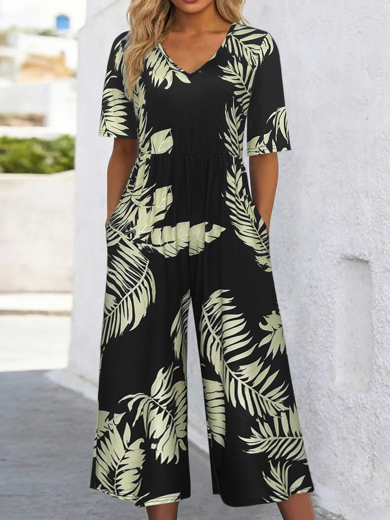 Women's Tropical Leaf Print Short Sleeve Jumpsuit, Summer Casual V Neck Elastic Waist Wide Leg Romper With Side Pockets