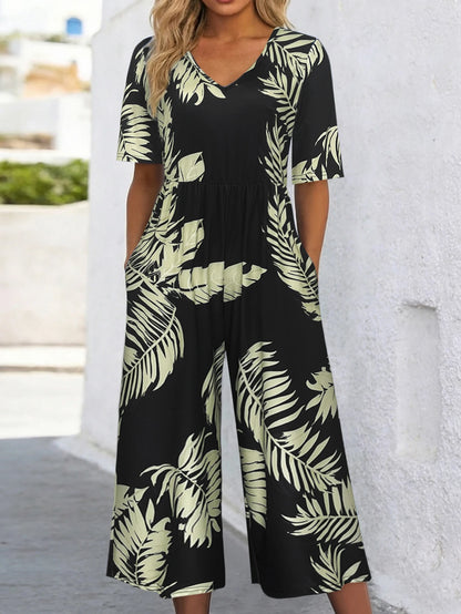 Women's Tropical Leaf Print Short Sleeve Jumpsuit, Summer Casual V Neck Elastic Waist Wide Leg Romper With Side Pockets