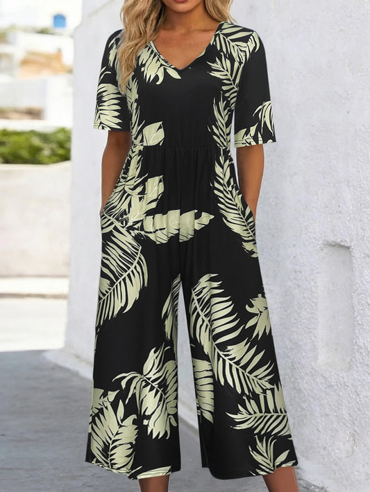 Women's Tropical Leaf Print Short Sleeve Jumpsuit, Summer Casual V Neck Elastic Waist Wide Leg Romper With Side Pockets