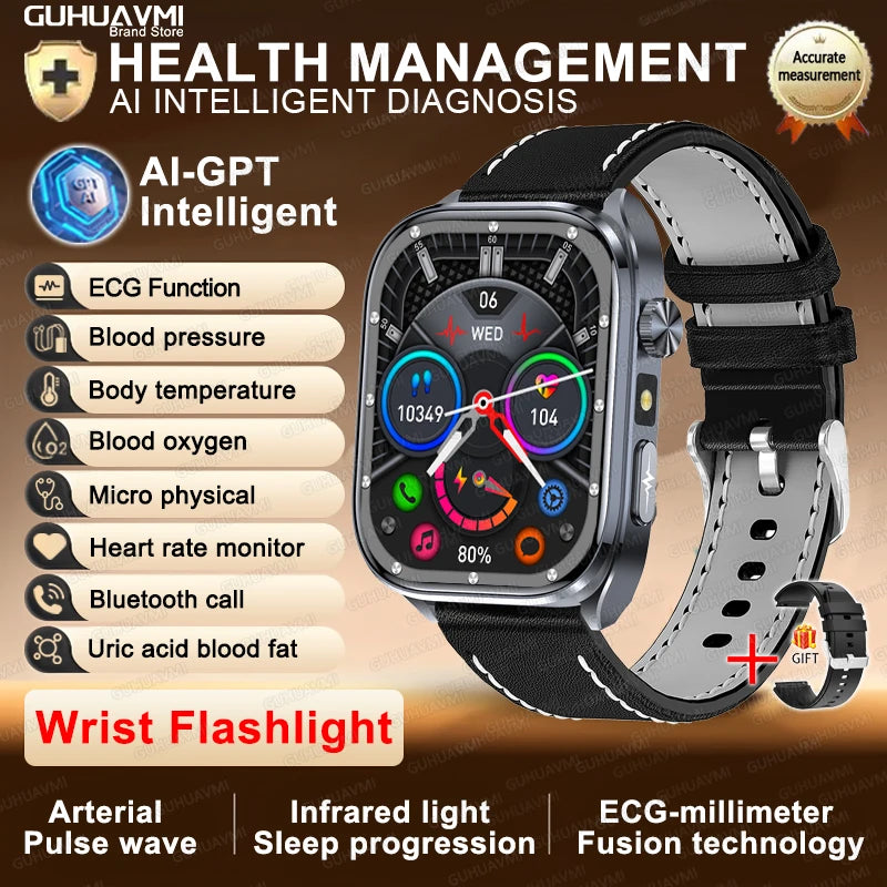 2026New ECG+PPG Clock Health Trackr 2.0 inch Uric Acid Blood lipids Pressure Smart Watch Body Analysis Voice call Smartwatch Men