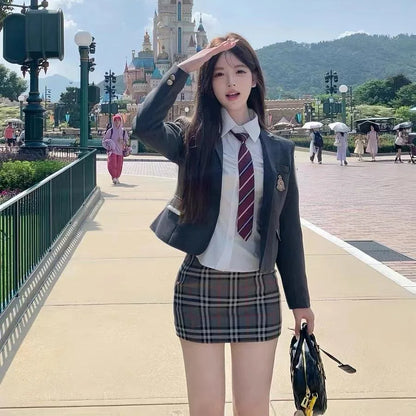 Korean and Japanese JK Uniform Suits for Women Autumn and Winter New Style College Plaid Skirt Short Small Suit Waist Shirt Suit