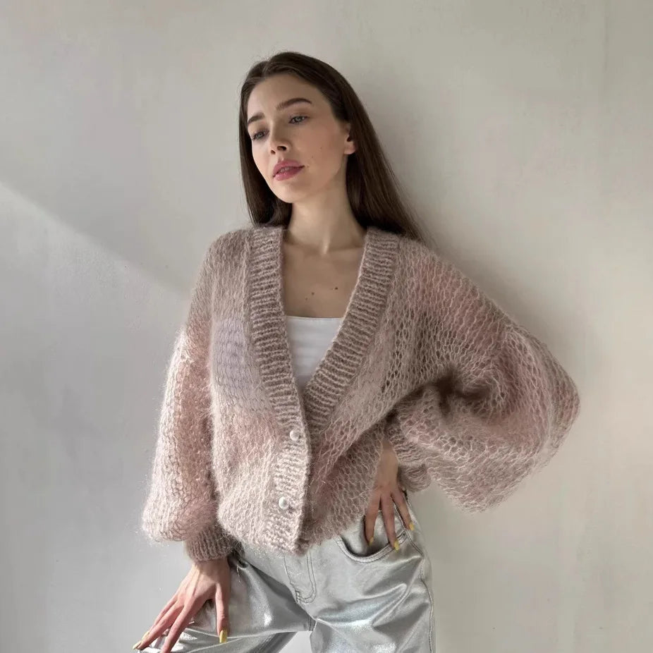 Women Knitting Cardigan 2026 New Women Mohair Knit Cardigan Hollow Out Sheer Long Sleeve Casual Knitted Outerwear Sweater