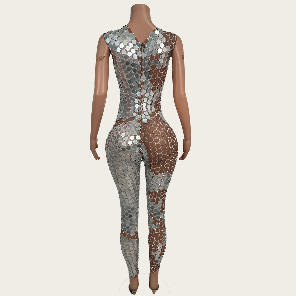 Women Sexy Sparkly Mirrors Sleeveless Bodycon Jumpsuit Celebrate Event Club Rompers Photo Shoot Stage Fashion Outfit Yinpianku