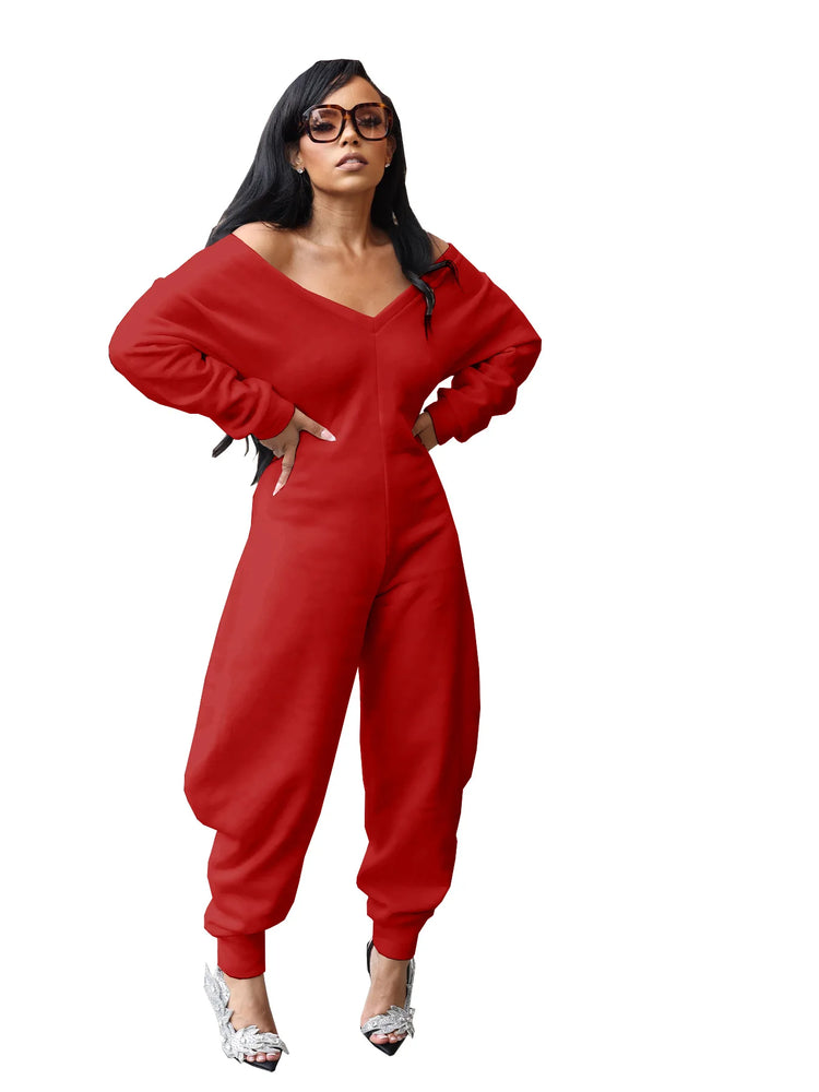 GLCMYAYA Women Long Sleeve V-neck Loose Jumpsuits 2025 Winter Autumn One Piece Set Party Casual Fitness Streetwear Outfits