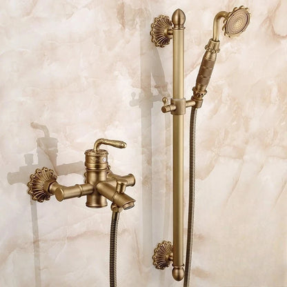 Antique Brass Bathtub Shower Faucets Set Wall Mounted Bath Shower Set Swivel Tub Spout Bath Shower Dual Control Carved Mixer Tap