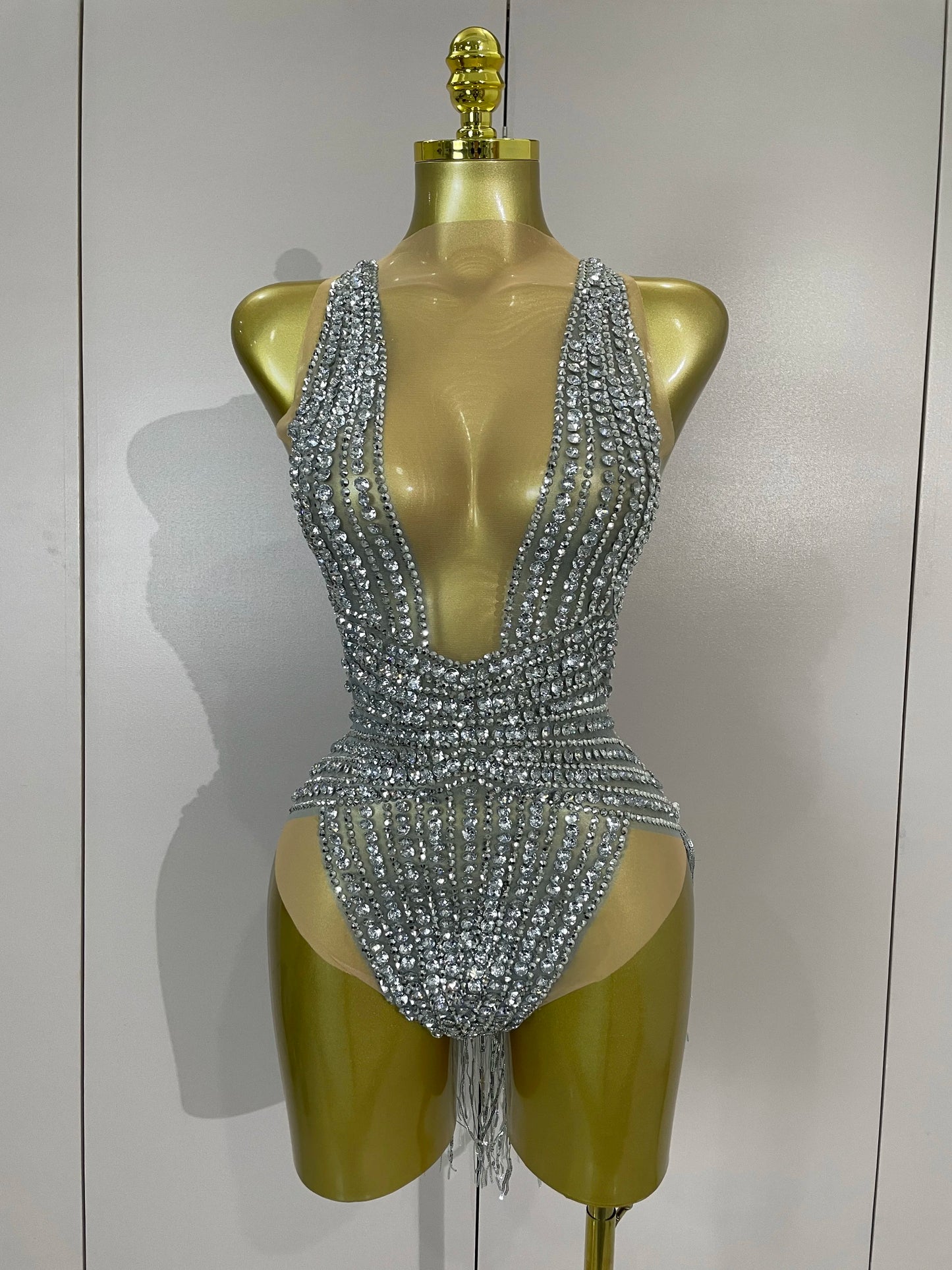 Luxury Sparkly Silver Diamonds Tassel Mesh Sheer Bodysuits Eveing Birthday Party Latin Dancer Bar Nightclub Sexy Stage Costume