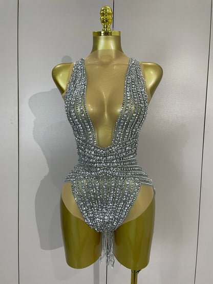 Luxury Sparkly Silver Diamonds Tassel Mesh Sheer Bodysuits Eveing Birthday Party Latin Dancer Bar Nightclub Sexy Stage Costume