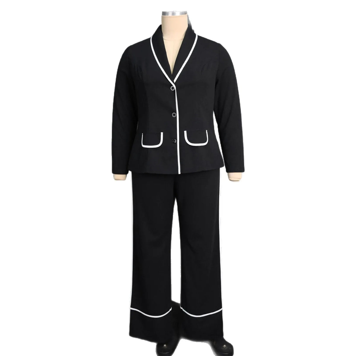 Plus Size Women's Black Contrast Trim Blazer Suit Fashion V-neck Single-breasted Jacket + Wide-leg Pants Two-piece Set Y2K