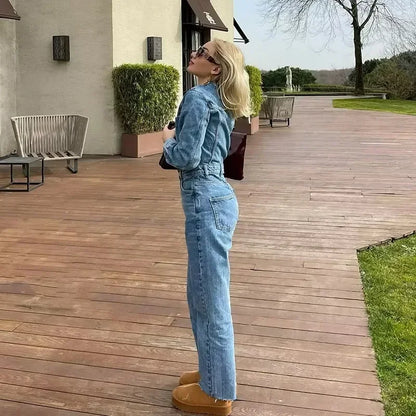 Autumn Denim Jumpsuit for Women Overalls Woman Jean Overalls Long Sleeve Elegant Jumpsuits Y2k Streetwear 2024 Turn Down Collar