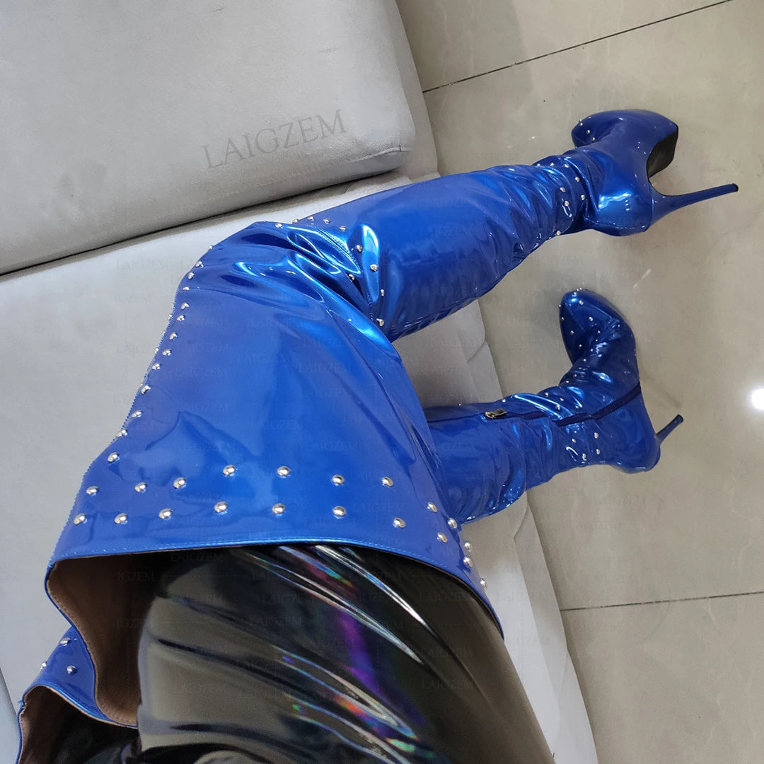 LAIGZEM Slim Fit Women Thigh High Platform Boots Rivets Shiny Thin High Heels Boots Over Knee Shoes Woman Large Size 41 43 52