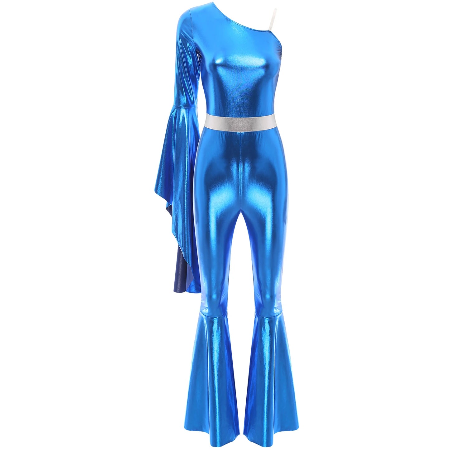 Womens 70S Disco Vintage Jumpsuit Metallic Shiny Flare Sleeve Bodysuit Hippie Bell Bottom Jazz Dance Carnival Rave Party Costume