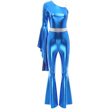 Womens 70S Disco Vintage Jumpsuit Metallic Shiny Flare Sleeve Bodysuit Hippie Bell Bottom Jazz Dance Carnival Rave Party Costume