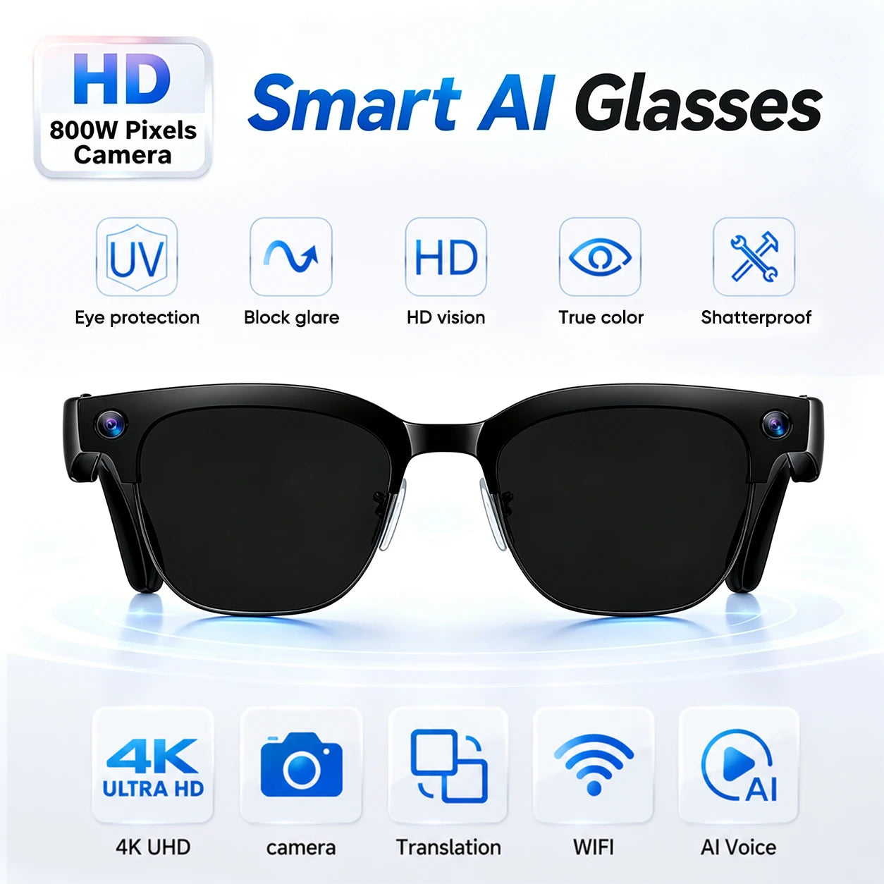 New AI Smart Glasses Various Language Translation 800W Pixel Camera Video Music Player Call Business 8K Color Change Glasses Men